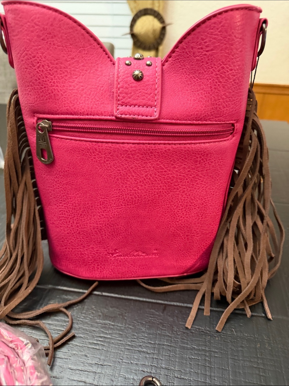 Montana West Pink Floral Embroidered Crossbody Bag with Brown Fringe - Picture 6 of 7